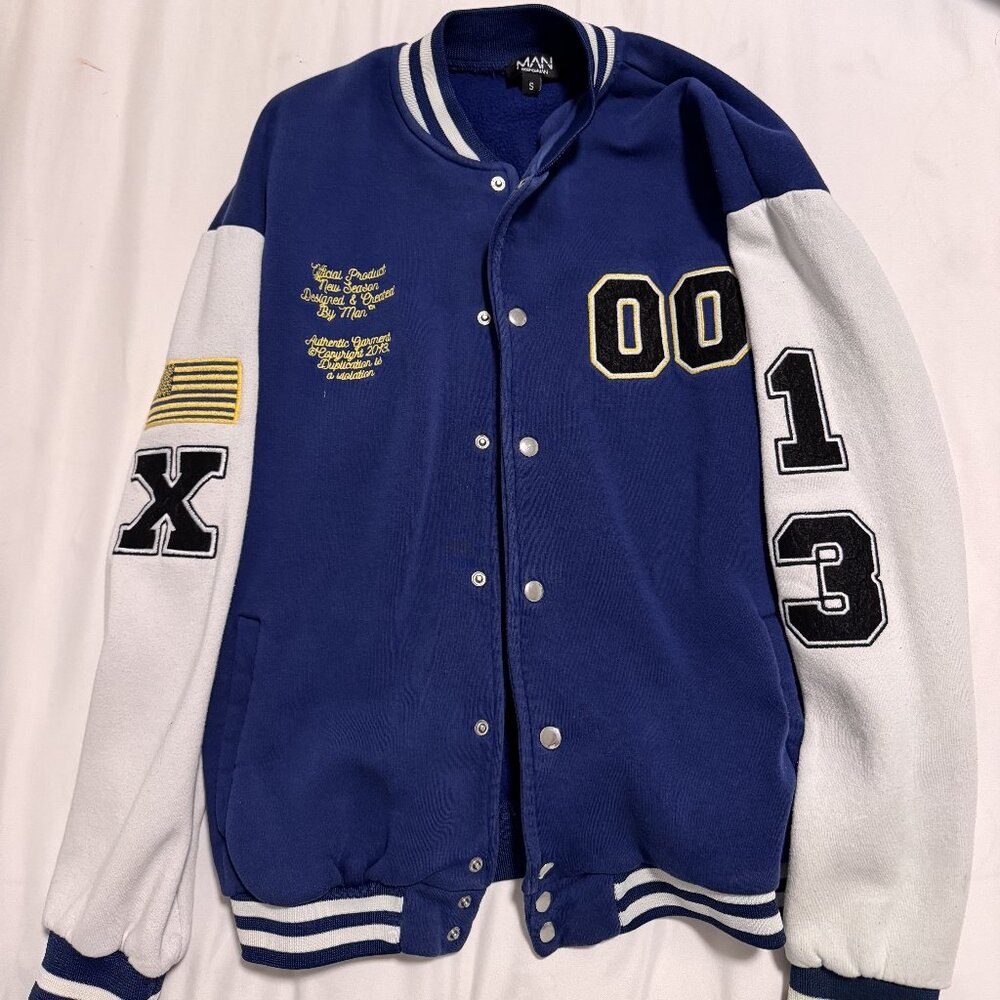 boohoo jersey varsity bomber jacket with badges